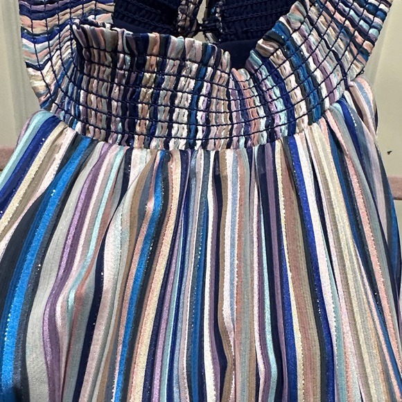 White House Black Market Navy and Warm Tones Gold Striped Halter Dress - Picture 3 of 15